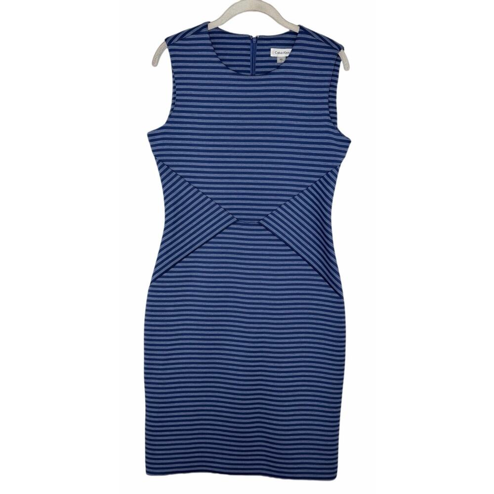 Calvin Klein Women’s Blue Stripe Sleeveless Ponte Sheath Dress Size 8